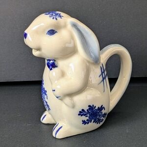 Cute Ceramic Bunny Rabbit Creamer Blue Floral Design Small Pitcher Cottagecore